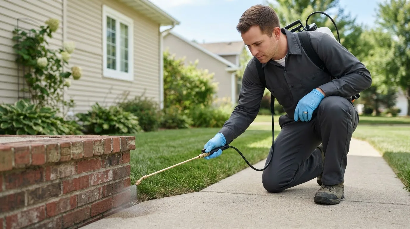 Pest control technician treating a home near Carver, MA